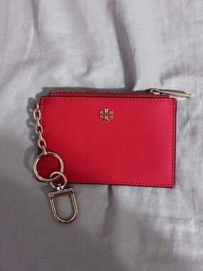 Tory Burch Bright Red Saffiano Zip Card Case with Key Chain